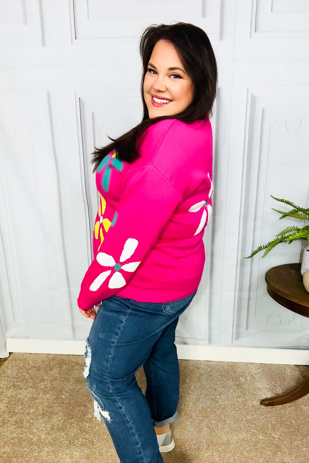 Flower Power Hot Pink Daisy Jacquard Pullover Sweater