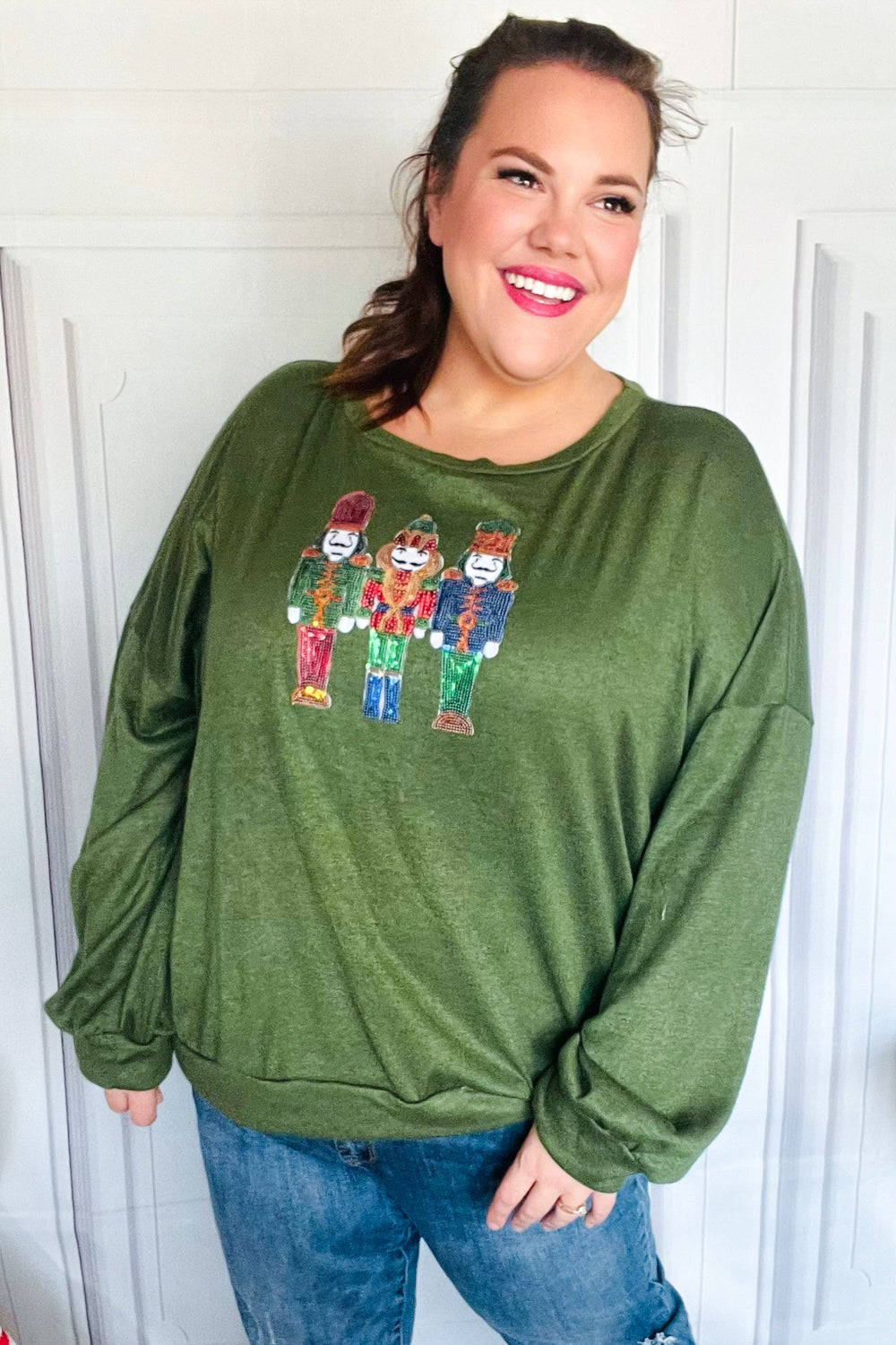 Be Merry Forest Green Nutcracker Sequin Hacci Top