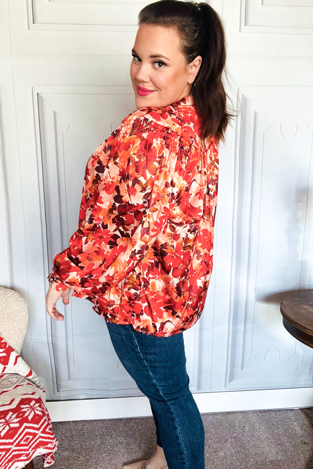 Fall Vibes Rust Floral Print Notched Neck Smocked Satin Top