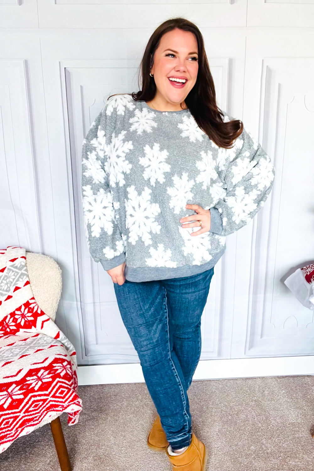 Season Greetings Silver Puffy Snowflake Sherpa Pullover