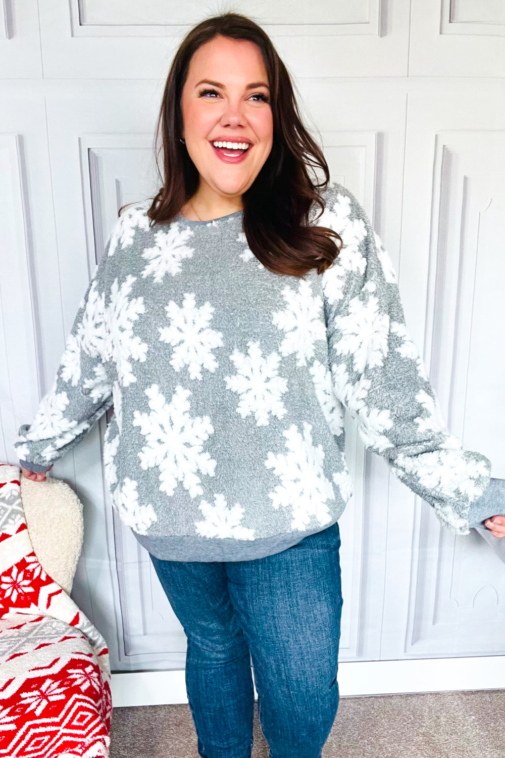 Season Greetings Silver Puffy Snowflake Sherpa Pullover