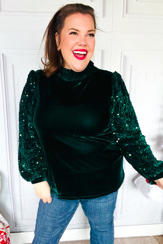 Under the Lights Green Velvet & Sequin Frill Mock Neck Top