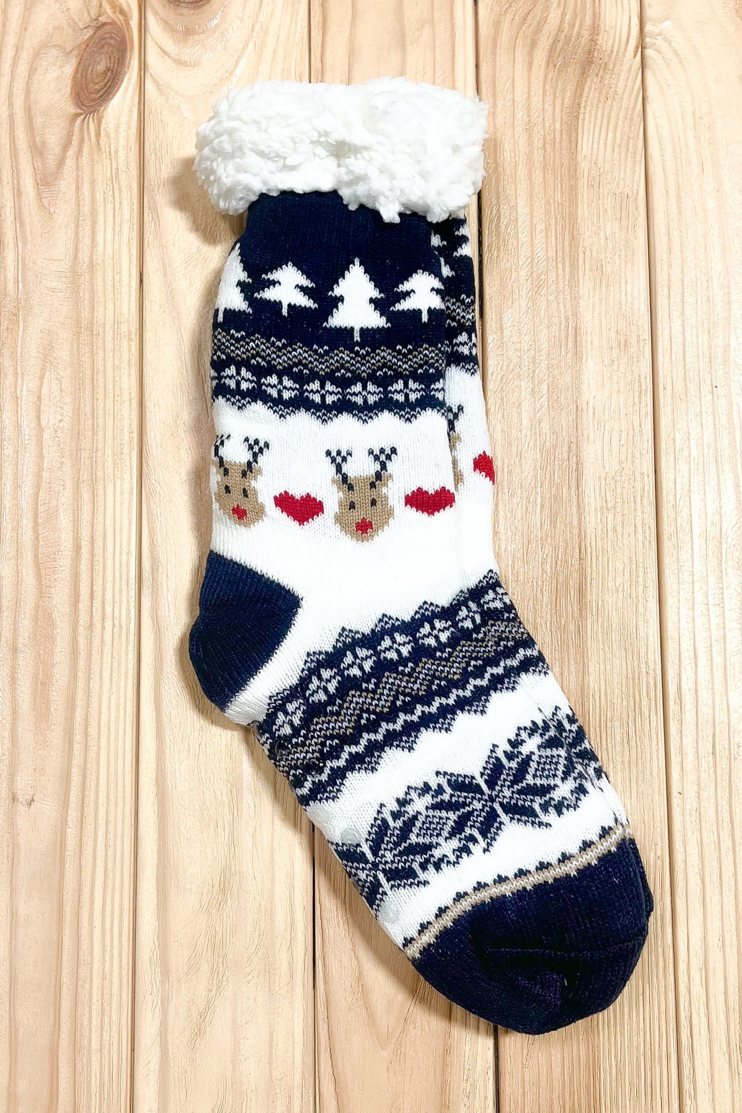 Navy Heart Reindeer Sherpa Traction Bottom Slipper Socks