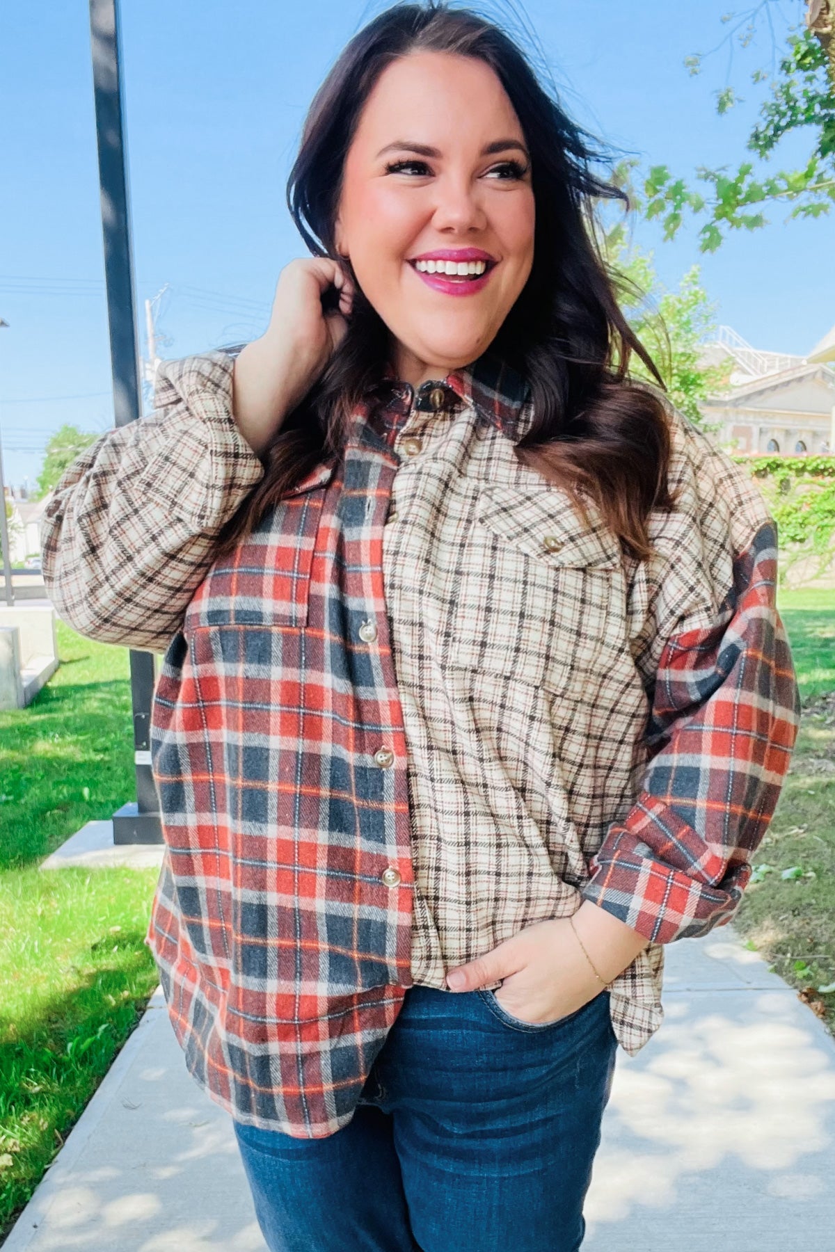 Make A Statement Rust & Taupe Plaid Color Block Shacket