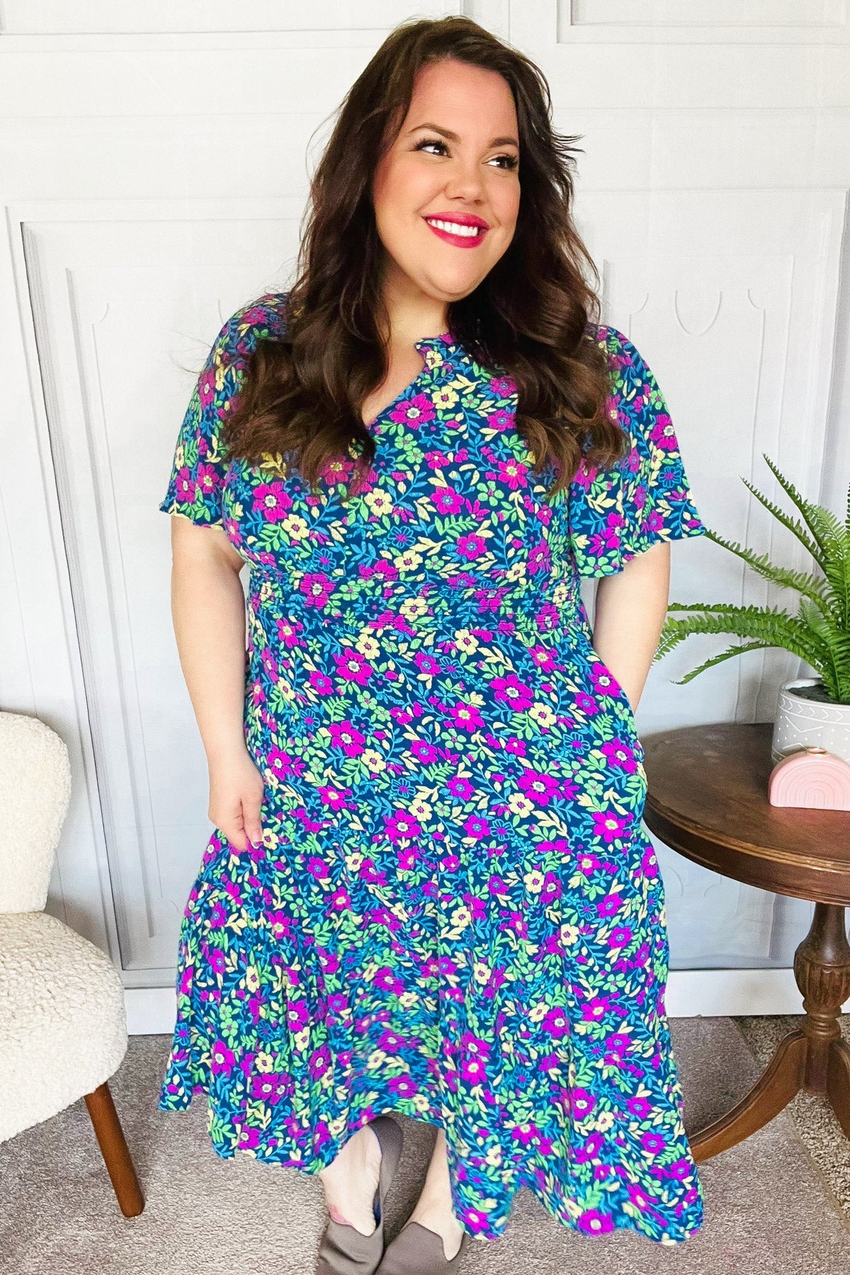 Eyes On You Navy Neon Floral Smocked Waist Maxi Dress