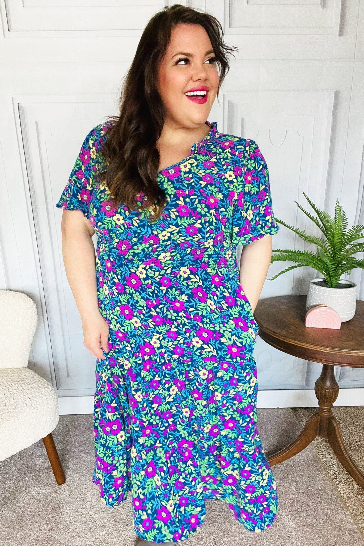 Eyes On You Navy Neon Floral Smocked Waist Maxi Dress