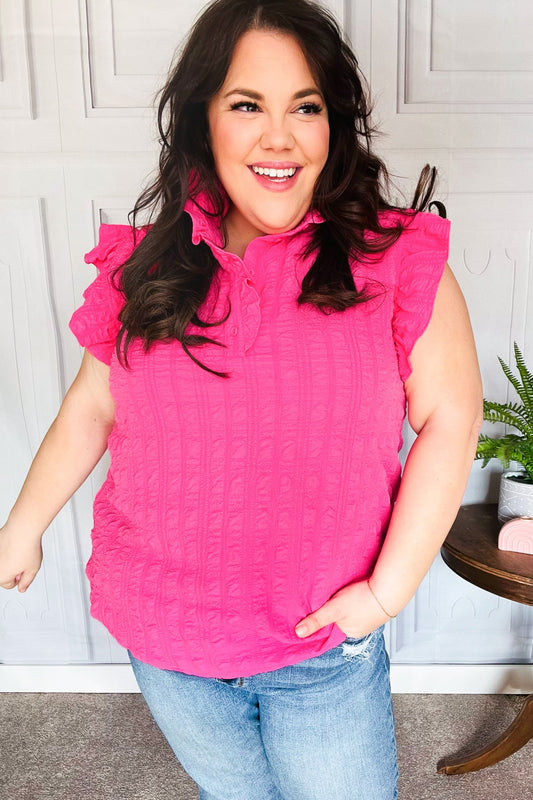 Glamorous In Hot Pink Textured Ruffle Mock Neck Top