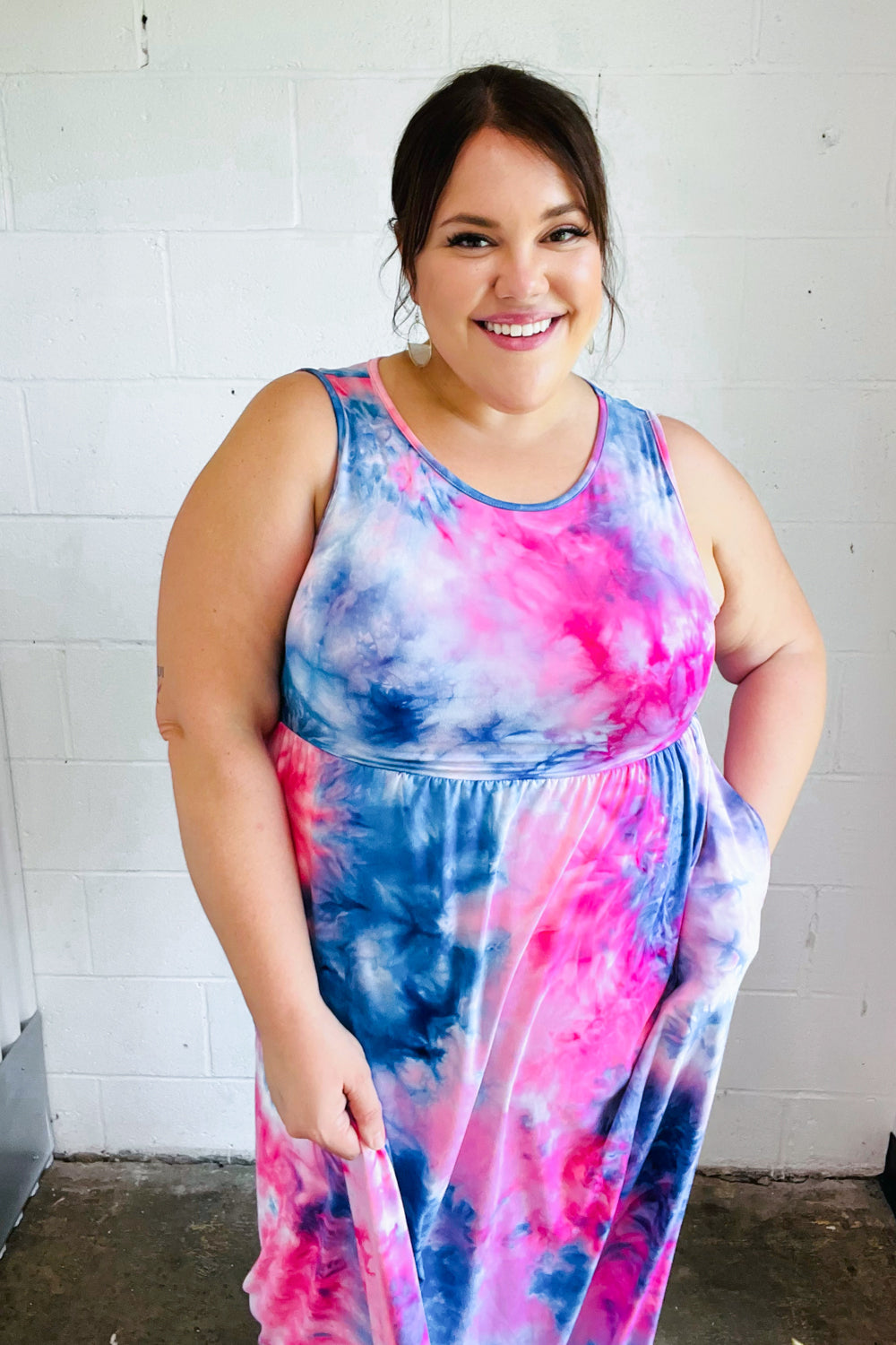 Pink & Blue Tie Dye Fit and Flare Sleeveless Maxi Dress