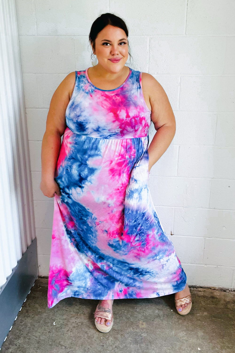 Pink & Blue Tie Dye Fit and Flare Sleeveless Maxi Dress