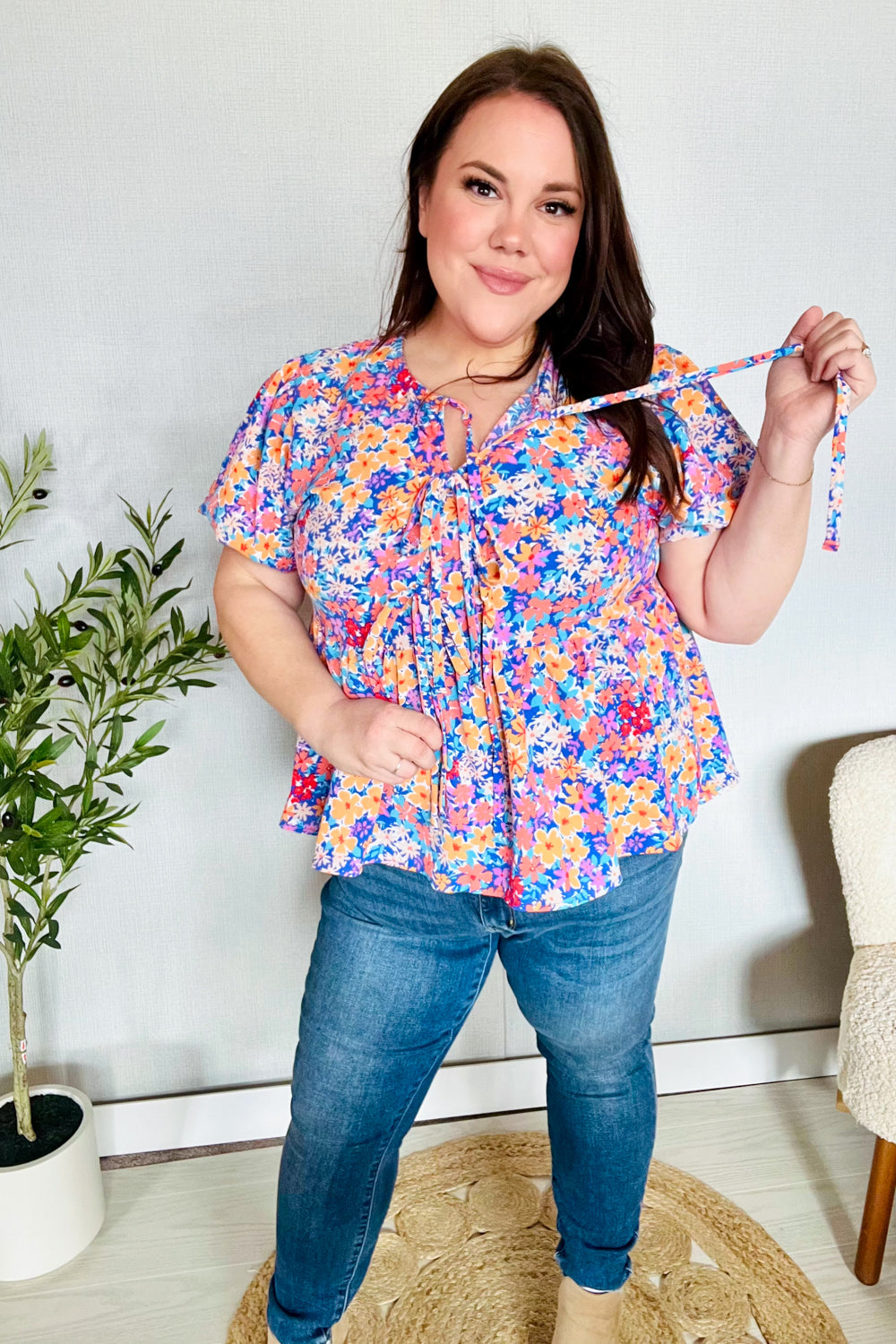 Follow Me Blue/Coral Floral Print Bow Tie Puff Sleeve Babydoll Top