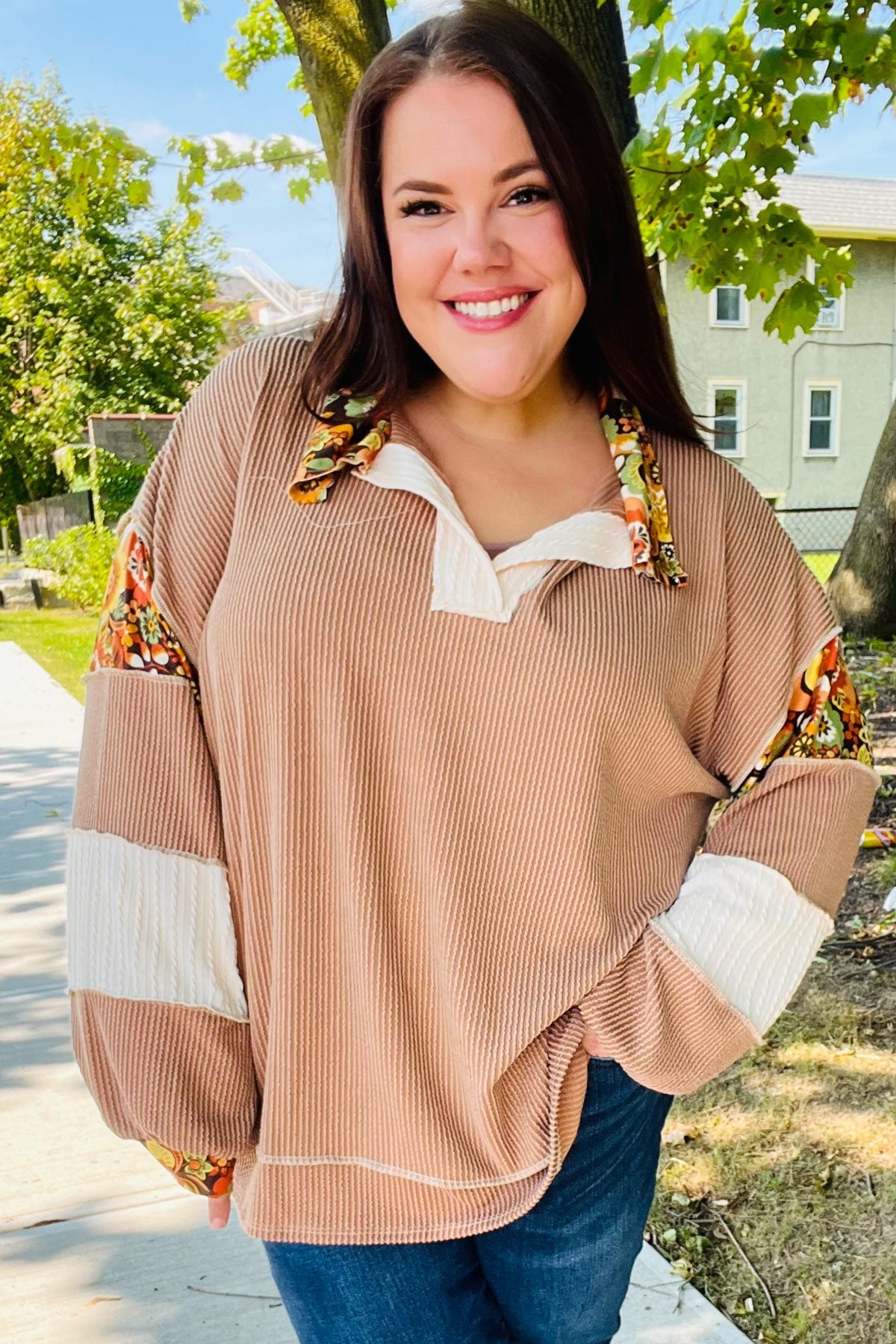 Charming Caramel Floral Print Colorblock Notch Neck Top