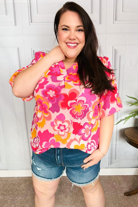 All That You Need Pink Floral Puff Sleeve V Neck Top