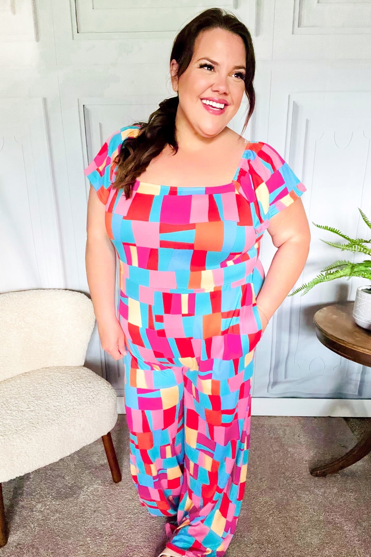 Scarlet & Aqua Geometric Print Wide Leg Jumpsuit