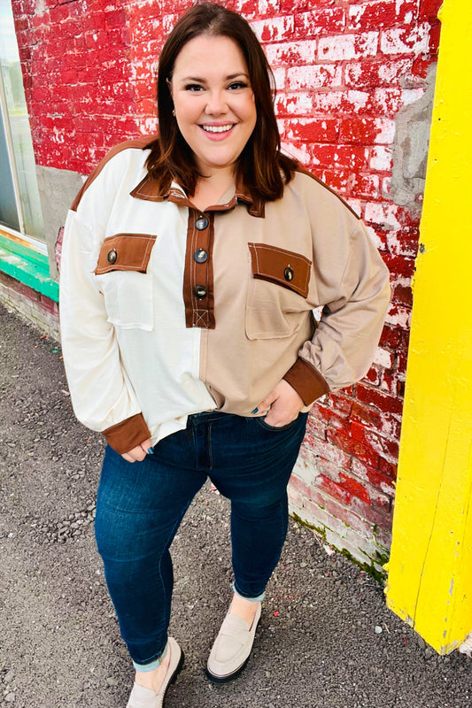 Sepia Ivory & Taupe Color Block Button Down Pullover