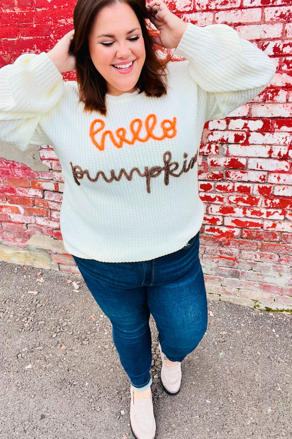 Cream Embroidered Neon "Hello Pumpkin" Chunky Sweater