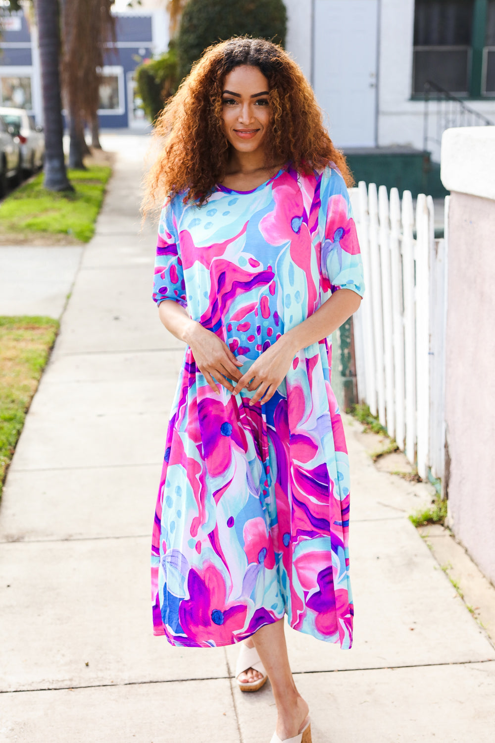 Chasing Dreams Blue & Fuchsia Floral Elastic Elbow Sleeve Midi Dress