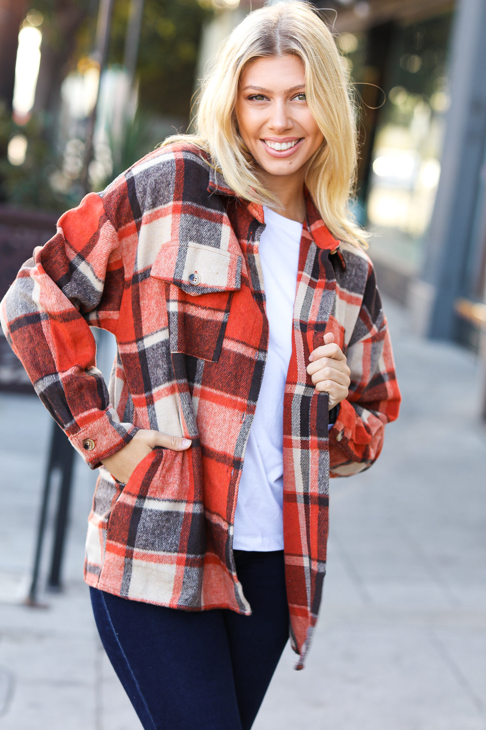 Rust Plaid Flannel Button Down Shacket