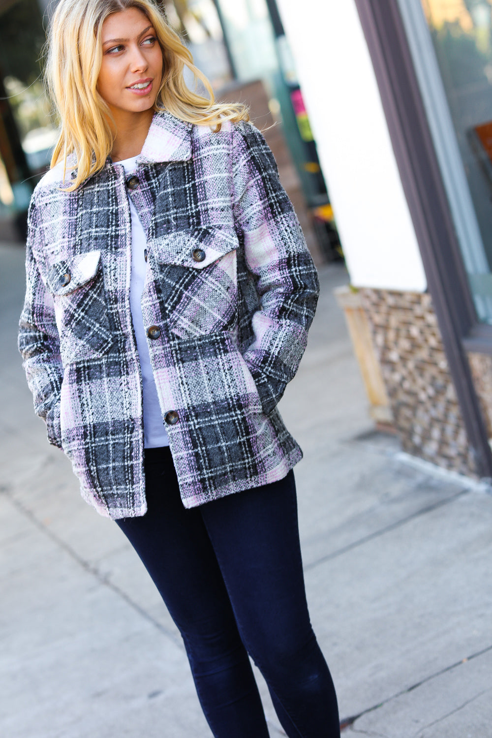 Blush & Grey Flannel Plaid Pocketed Oversize Jacket