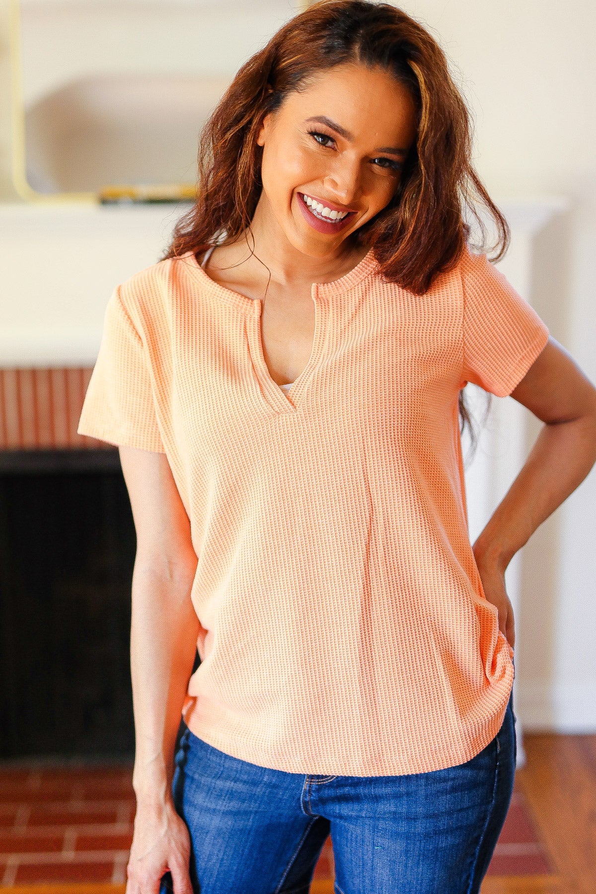 Feel Your Best Coral Baby Waffle Henley Neckline Top (Copy)
