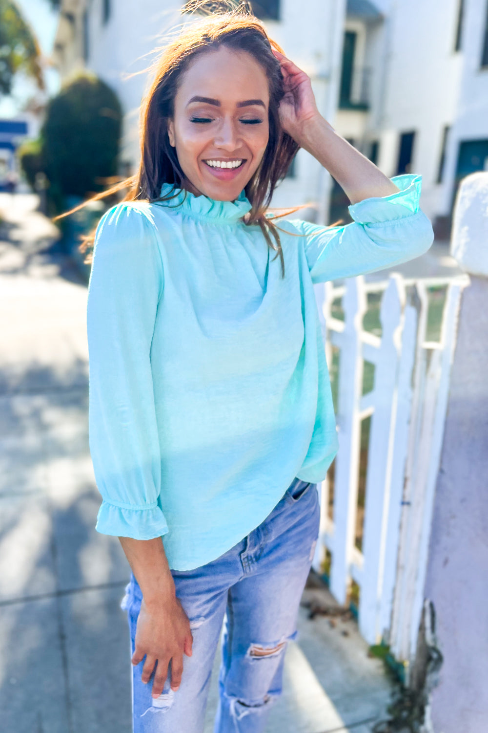 Elegant You Mint Frill Neck Back Button Ruffle Sleeve Blouse