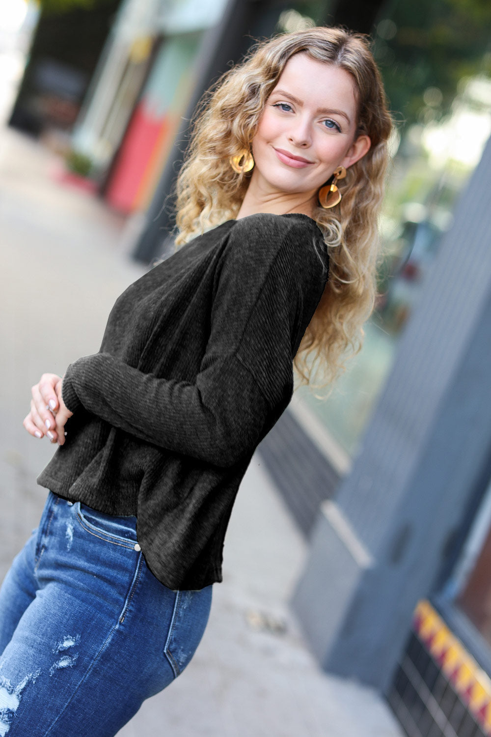 PLUS Stay Awhile Black Ribbed Dolman Cropped Sweater